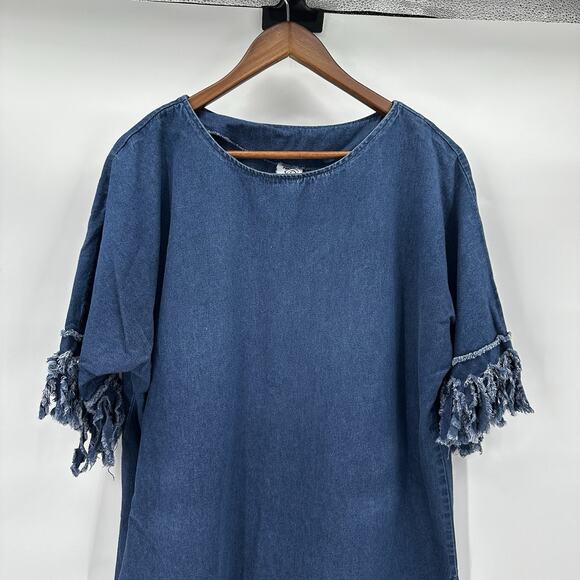 Alfredos Wife Top Womens Large Blue Denim Fringe Vintage Art Chambray - Picture 2 of 13